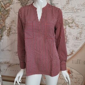 Cabi Franklin Blouse v-neck long sleeves red navy stripes pockets nautical S